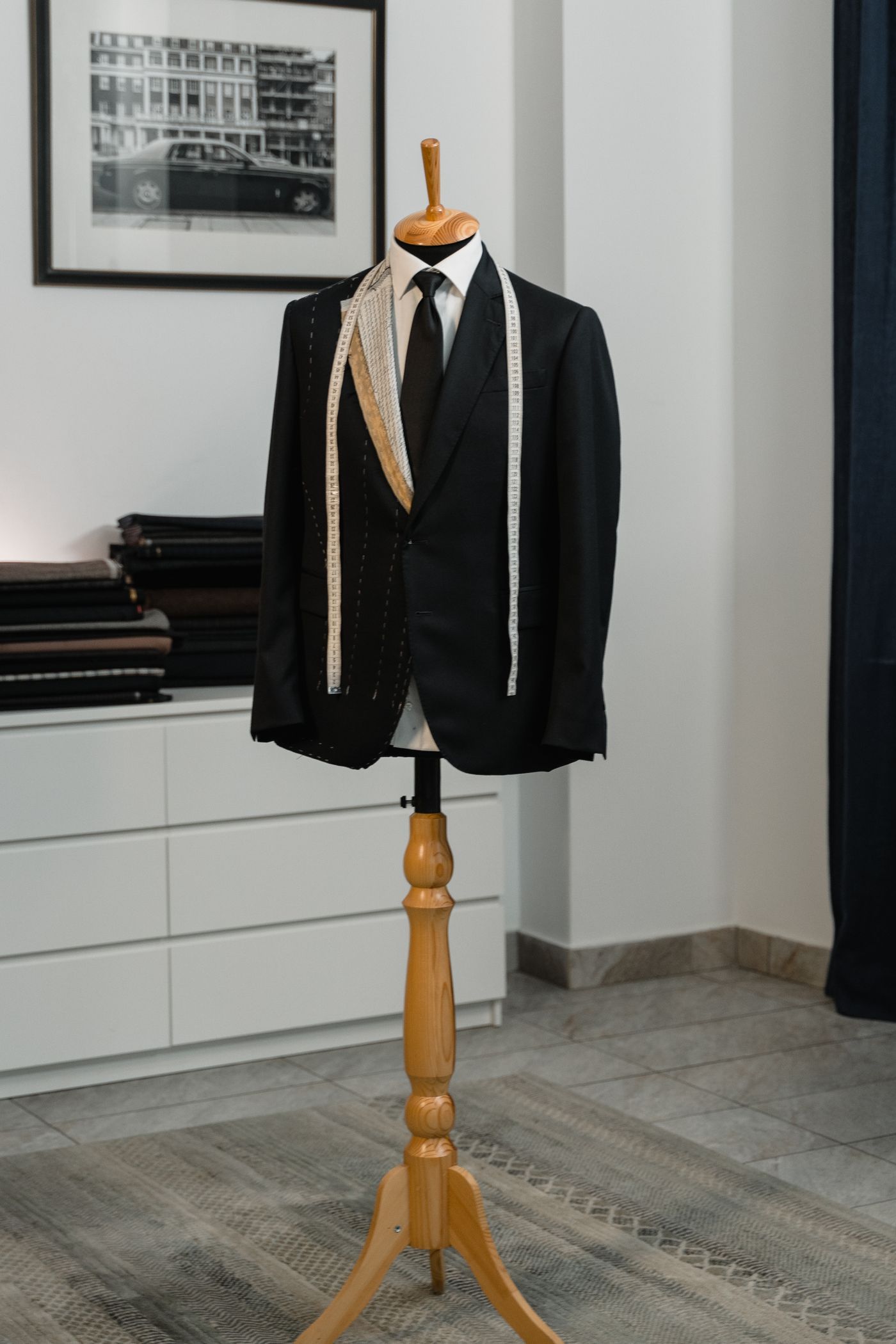 A jacket on a dress form