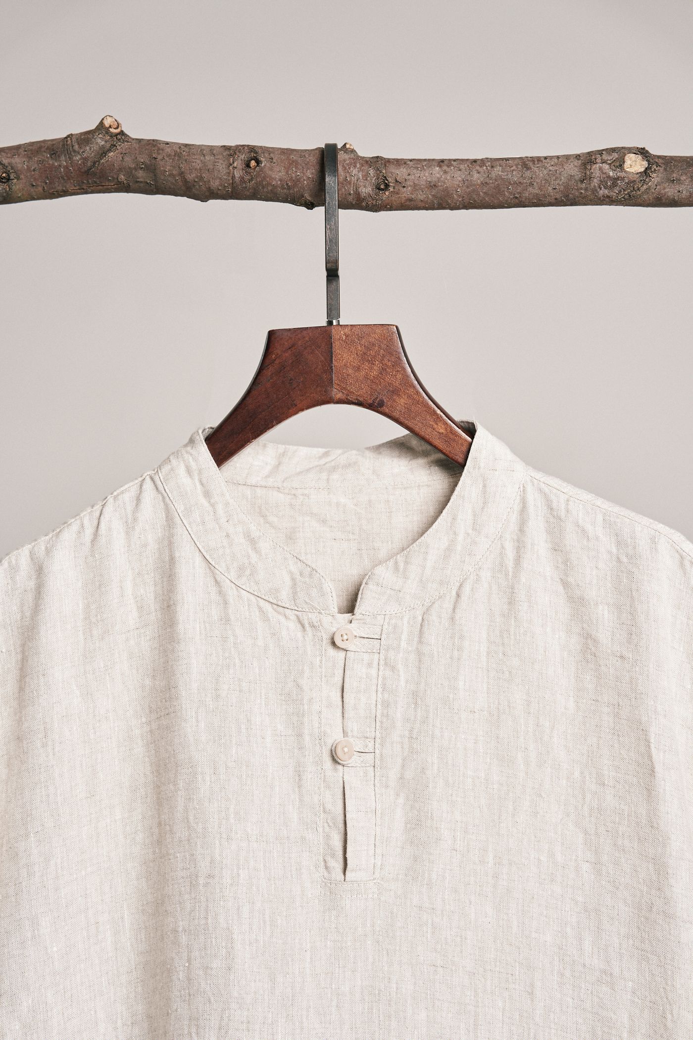 A linen shirt on a hanger