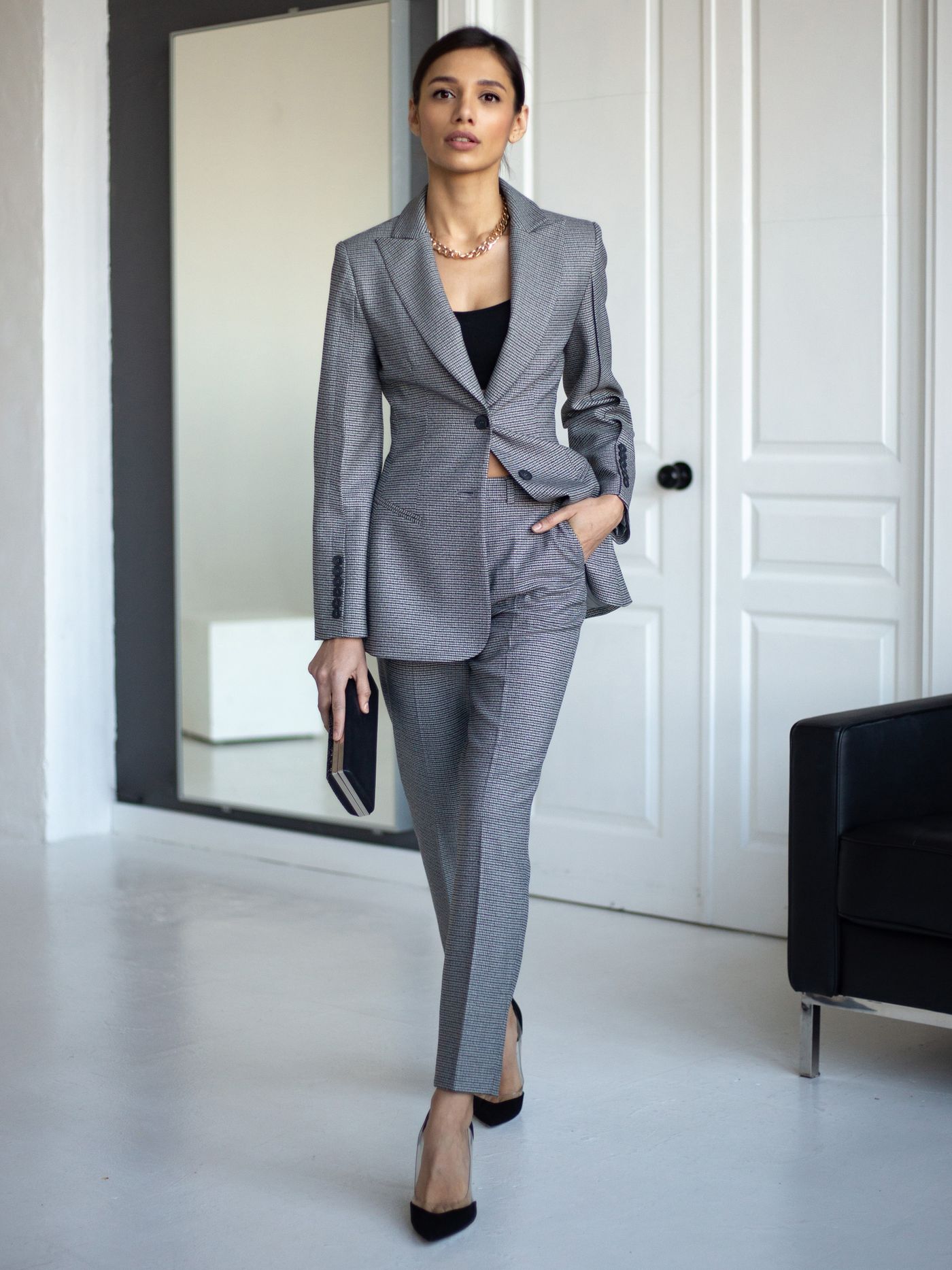 A tailored grey suit